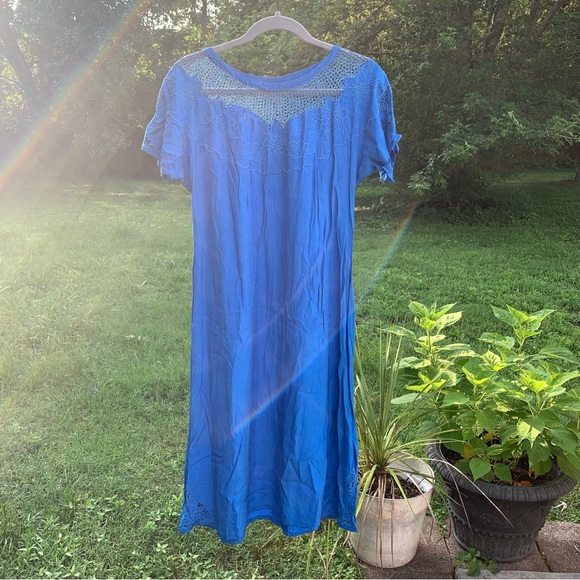 Vintage Dresses & Skirts - Satyuga Vintage Hawaiian Royal Blue Rayon Midi Dress w/ eyelet detail size small
